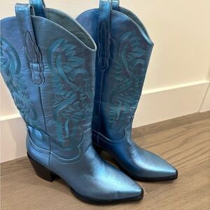 Blue‎ Metallic Cowgirl Western Cowboy Chunky Heeled Boots Size 9